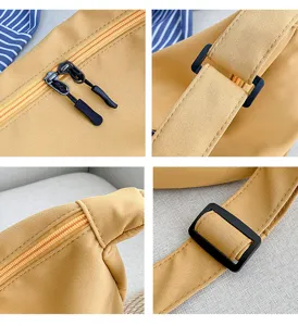 Détail de sac bandoulière décontracté en nylon, fermeture éclair et sangle réglable.