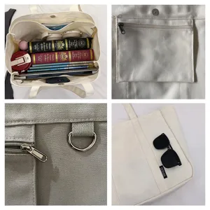 Detailed view of large capacity canvas tote bag with multiple compartments and pockets.