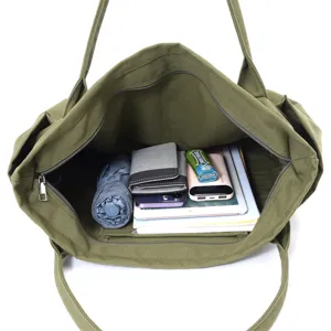 Large capacity green canvas tote bag for women casual shoulder handbag with zip top closure.