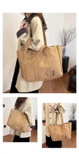 Casual khaki canvas tote bag for women, large capacity shoulder bag for daily commute school.
