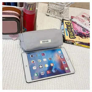 Grey canvas pencil case large capacity cute stationary storage bag aesthetic desk school supply detail