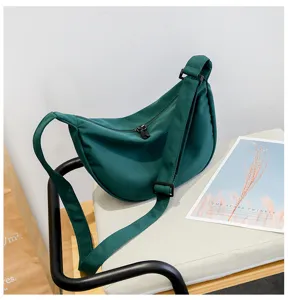 Dark green nylon crossbody bag, simple casual dumpling shoulder bag with zipper for women.
