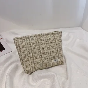 Tweed Plaid Cosmetic Pouch Large Capacity Makeup Bag Elegant Storage Organizer Case