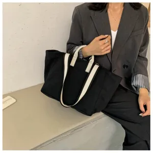Minimalist large capacity black canvas tote bag for women stylish work commuting shoulder bag