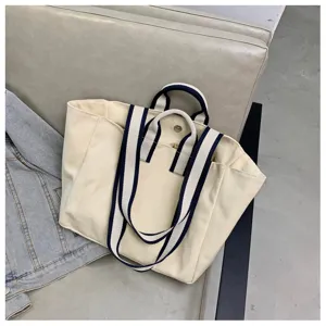 Canvas tote bag for women, large capacity shoulder handbag with stylish striped straps commute