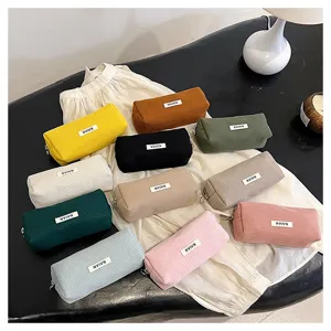 Retro Corduroy Etui Grote Capaciteit Eenvoudige Effen Kleur Student Stationery Opbergtas Draagbare Cosmetische Tas