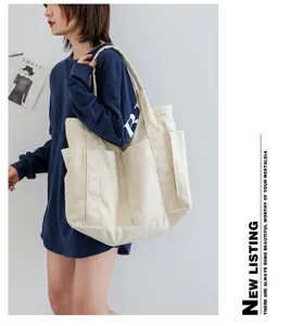 Casual canvas tote bag for women, large capacity multi-pocket student shoulder bag.