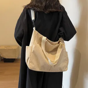 Casual Corduroy Tote Bag For Women Large Capacity Solid Color Shoulder Bag Simple Commuter Handbag With Zipper