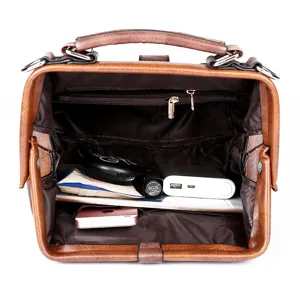 Retro brown doctor handbag large capacity PU leather shoulder bag interior detail shot