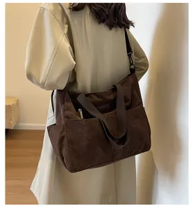 Classic corduroy shoulder bag for women, large capacity daily tote bag with comfortable strap.