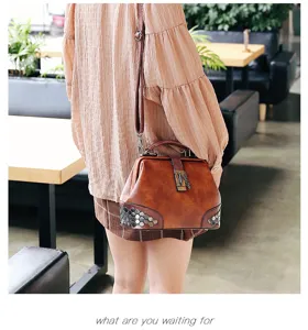 Retro PU leather doctor shoulder handbag with metal lock and rivet decor for women