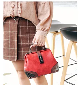 Women red retro handbag shoulder crossbody bag with lock buckle and stylish rivet decorations