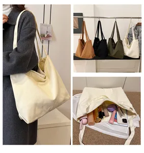 Simple large capacity canvas tote bag for women, casual shopping shoulder bag, daily stylish handbag.