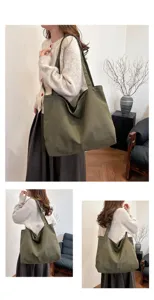 Canvas tote bag detail view, large capacity casual shoulder bag for daily commuting and shopping.