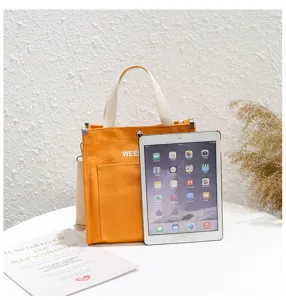 Orange canvas tote bag Japanese style casual shoulder handbag with front pocket for daily use