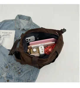 Brown corduroy tote bag large capacity casual shoulder bag for daily commuting vintage style
