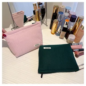 Corduroy cosmetic bag portable zip makeup pouch solid color storage bag for daily use
