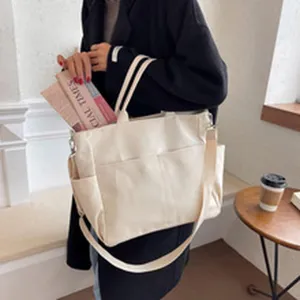 Detail view of the beige canvas shoulder bag, featuring dual top handles and front pockets.