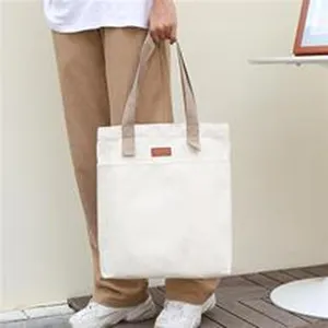 Canvas tote bag with brown handles minimalist solid color casual daily shoulder bag