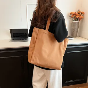 Casual brown canvas tote bag for women, large capacity shoulder bag for daily work and shopping.