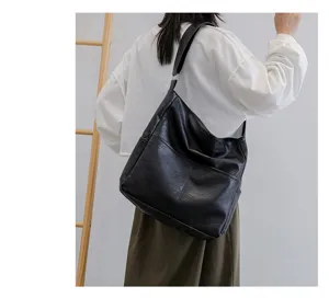 Black PU leather shoulder bag casual slouchy hobo crossbody tote with stitching details