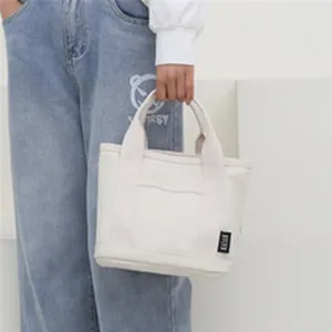 Canvas tote bag detail view, casual style mini handbag with front pocket and dual handles.