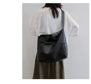 Black PU leather casual crossbody shoulder tote bag with stitching detail details
