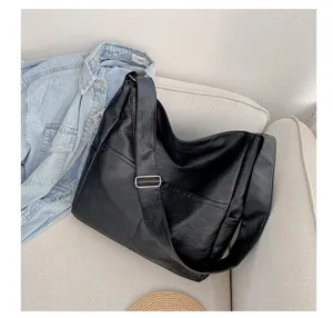 Casual black PU leather shoulder bag for women, solid color crossbody tote with wide strap.