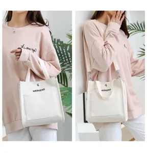 Japanese style canvas tote bag for women, fashion casual shoulder handbag with front pocket.
