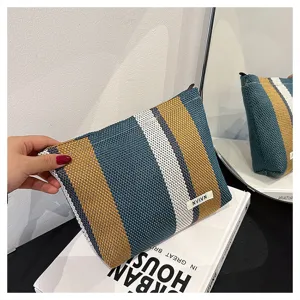 Striped woven cosmetic bag large capacity makeup pouch portable travel organizer bag