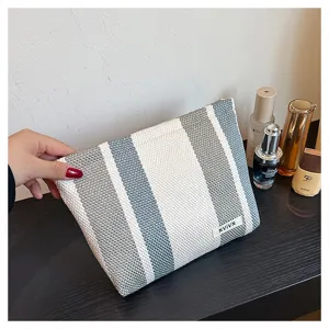 Striped woven cosmetic bag large capacity portable makeup pouch stylish clutch for women