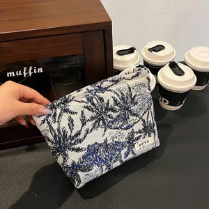 Sac de maquillage en toile à imprimé d'arbres bleus trousse de rangement portable