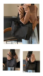 Detailed view of casual black minimalist tote bag, versatile multi-pocket shoulder bag.