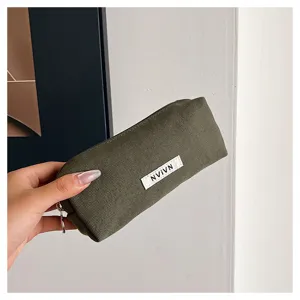 Dark green canvas pencil case student stationery storage bag minimalist design utility pouch