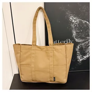 Large capacity canvas tote bag for women daily commute shoulder bag casual handbag khaki