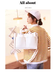 Canvas tote bag detail, large capacity white shoulder bag with multi-pockets and adjustable strap.
