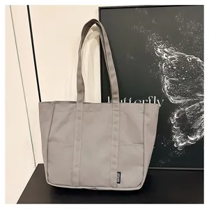 Grey canvas tote bag large capacity shoulder bag simple Japanese style commuter bag daily