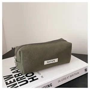 Green canvas pencil case for school students, minimalist large capacity stationery bag.