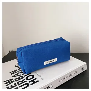Blue canvas pencil pouch large capacity student stationery storage bag minimalist design.