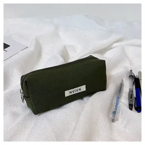 Dark green canvas pencil case with large capacity, minimalist student stationery storage bag.