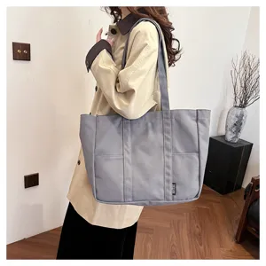 Japanese style large capacity canvas tote bag for daily commuting and school use, grey.
