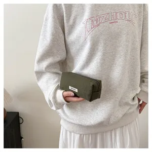 Green canvas pencil case minimalist aesthetic student stationery storage pouch makeup bag.
