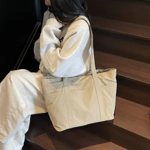 Large capacity solid casual tote bag commuter shoulder bag multi-pocket practical cloth