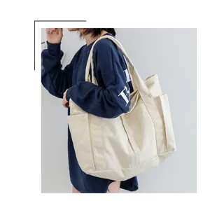 Detail view of large capacity canvas tote bag for women, Japanese commuter shoulder bag.