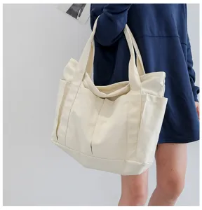 Casual large capacity canvas tote bag for women daily shopping shoulder bag cream white