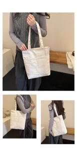 Canvas tote bag for women large capacity multi pocket zipper closure school shoulder bag