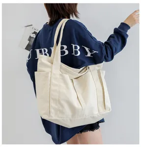 Detailed view of the large capacity canvas tote bag with multi pockets for daily use.