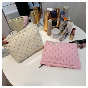 Distressed linen cosmetic bag portable travel makeup pouch cute wash bag for women