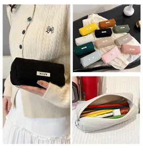 Retro corduroy etui grote capaciteit effen kleur schrijfgerei opbergtas cosmetische tas