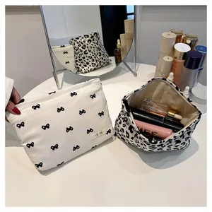 Canvas cosmetic bag set, cute bow and leopard print makeup pouch for women daily travel use